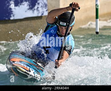 Waltham Cross. Regno Unito. 22 settembre 2023. 2023 Campionati del mondo di canoa. Lee Valley White Water Centre. Waltham Cross. Mallory Franklin (GBR) nella semifinale di canoa femminile durante i Campionati del mondo di canoa 2023 al Lee Valley White Water Centre, Regno Unito. Foto Stock