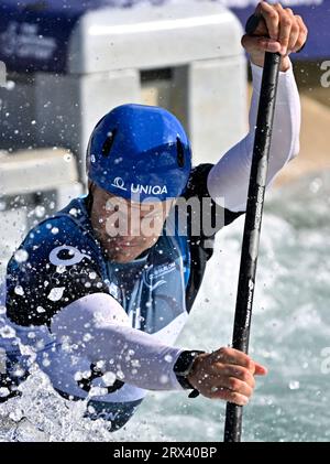 Waltham Cross. Regno Unito. 22 settembre 2023. 2023 Campionati del mondo di canoa. Lee Valley White Water Centre. Waltham Cross. Vaclav Chaloupka (CZE) nella semifinale Mens Canoe durante i Campionati del mondo di canoa 2023 al Lee Valley White Water Centre, Regno Unito. Foto Stock