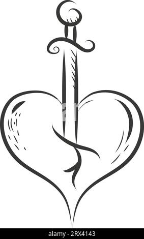 Tatuaggio della spada e del cuore , illustrazione, vettore su sfondo bianco. Illustrazione Vettoriale