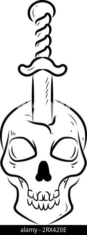 Spada nel tatuaggio del cranio , illustrazione, vettore su sfondo bianco. Illustrazione Vettoriale