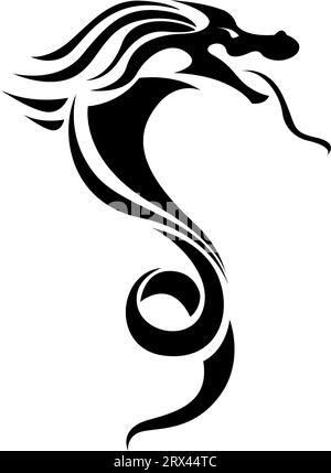 Tatuaggio del drago nero, illustrazione del tatuaggio, vettore su sfondo bianco. Illustrazione Vettoriale