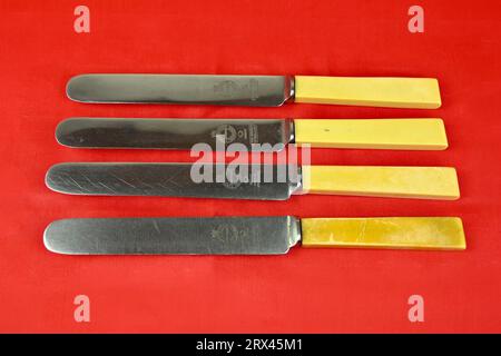 Vintage Dinner Knives di F. T. Woodman and Son. Ironmonger. Tonbridge. Geniale. Firth Brearley in acciaio inox. Foto Stock