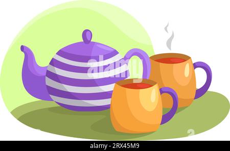 Tè con teiera, illustrazione, vettore su sfondo bianco. Illustrazione Vettoriale