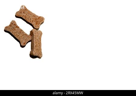 Foto di dolcetti fatti in casa con un cane a forma di ossa su sfondo bianco. Foto Stock