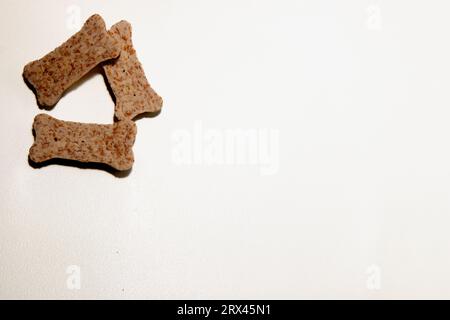 Foto di dolcetti fatti in casa con un cane a forma di ossa su sfondo bianco. Foto Stock