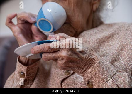 vecchia che beve caffè in salotto Foto Stock