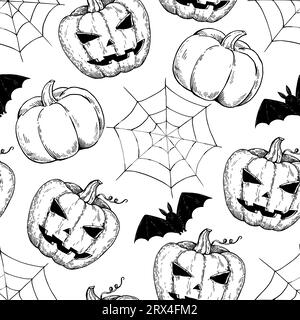 Halloween motivo monocromatico senza cuciture disegnato a mano con incisione disegnata a mano con zucche e ragnatela. Illustrazione Vettoriale