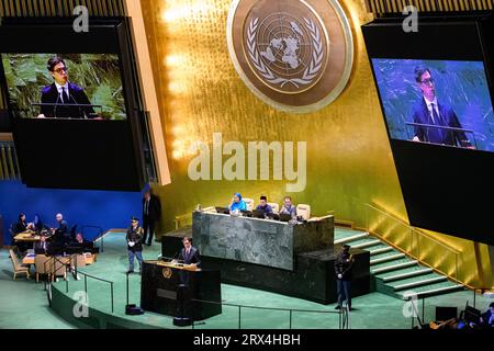 New York, USA. 22 settembre 2023. Stevo Pendarovski, presidente della Repubblica di Macedonia del Nord, si rivolge alla 78a Assemblea generale delle Nazioni Unite presso la sede delle Nazioni Unite. Crediti: Enrique Shore/Alamy Live News Foto Stock