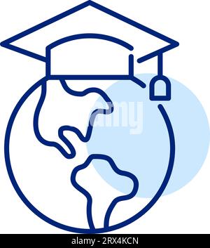 Mortarboard sul globo terrestre. Cappello da graduazione. Laurea internazionale. Icona Pixel Perfect Illustrazione Vettoriale