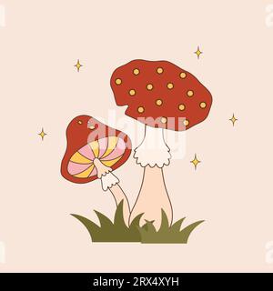 Funghi ruvidi. Agarico vintage astratto. Illustrazione vettoriale hippie in stile cartone animato piatto. Funghi funghi psichedelici Illustrazione Vettoriale