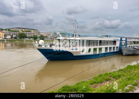 Linz, Austria - 13 agosto 2010: Una nave da crociera ormeggiata al molo Foto Stock