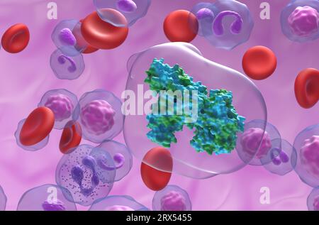 Creatina chinasi enzima di tipo cerebrale (CK-BB) nel flusso sanguigno - vista primo piano illustrazione 3d. Foto Stock