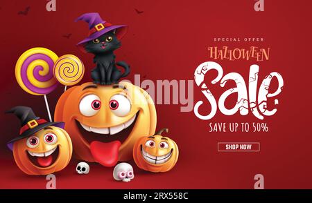 Banner vettoriale di testo per la vendita di Halloween. Offerta speciale di Halloween con zucche e personaggi di gatto per fare shopping natalizio. Illustrazione Vettoriale