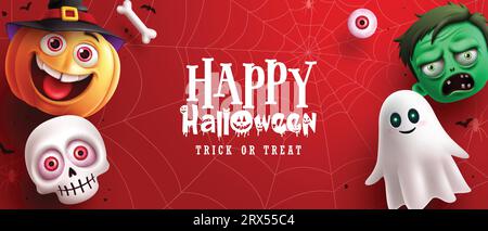 Sfondo del design vettoriale di testo felice halloween. Scherzetto di Halloween o regalati un biglietto d'auguri con personaggi di zucca, teschio, fantasmi e zombie in ragno web Illustrazione Vettoriale