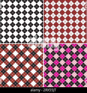 Un set di forme di diamanti con motivo Argyle, Harlequin o motivo a diamante in bianco e nero, rosso e bianco, rosa nero Illustrazione Vettoriale