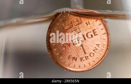 La corona svedese si trova a un livello minimo rispetto all'euro. Questa settimana ha visto un nuovo record storico per la corona svedese. Solo quest’anno, ha perso circa il 7 per cento in valore contro l’euro. Nella foto: Qui una corona che affonda nell'acqua. Foto Stock