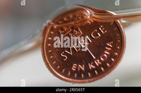 La corona svedese si trova a un livello minimo rispetto all'euro. Questa settimana ha visto un nuovo record storico per la corona svedese. Solo quest’anno, ha perso circa il 7 per cento in valore contro l’euro. Nella foto: Qui una corona che affonda nell'acqua. Foto Stock