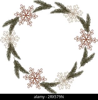 Illustrazione vettoriale di una corona di abeti natalizi con fiocchi di neve. Clipart natalizio di Capodanno per la progettazione di carte, adesivi, confezioni, modello con Illustrazione Vettoriale