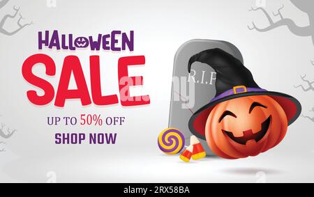 Banner vettoriale di testo per la vendita di Halloween. Offerta promozionale per lo shopping di Halloween nello spazio grigio con elementi in pietra fossa e zucca. Vettore Illustrazione Vettoriale