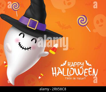Sfondo del design vettoriale fantasma di Halloween. Buon trucco di halloween o saluta con un fantasma spaventoso che indossa elementi da cappello da strega nello spazio arancione Illustrazione Vettoriale