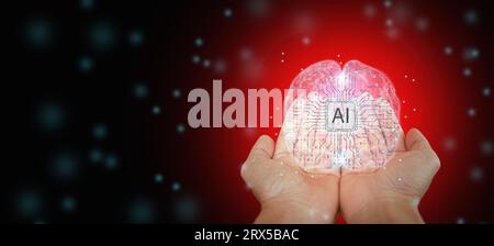 Cervello AI. Mesh wireframe a basso contenuto di poli dell'intelligenza artificiale. La linea poligonale nelle mani di un uomo usa l'IA Foto Stock