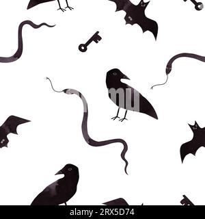 Modello senza cuciture. Animali del mago: raven, serpente, pipistrello e chiavi. Carta da imballaggio per Halloween. Decorazioni autunnali. Illustrazione acquerello per tessuto e W Foto Stock