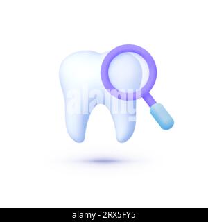 Lente d'ingrandimento dentata 3d su sfondo bianco. Elemento di progettazione. Concetto di assistenza sanitaria orale. Illustrazione vettoriale isolata Illustrazione Vettoriale