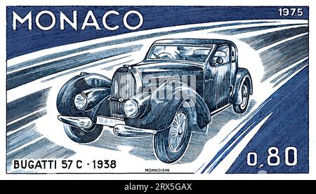 Bugatti 57 C 1938 Auto classica Monaco timbro Illustrazione Vettoriale