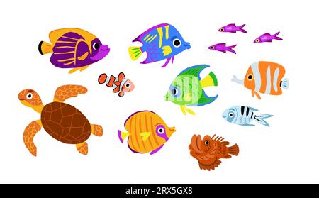 Vettore sotto il set marino. Collezione oceanica con alghe, pesci, subacquei, sottomarini. Cartoni animati e erbacce per bambini. Clipart con nave falciata, delfino, balena, tartaruga, polpo. Illustrazione vettoriale Illustrazione Vettoriale