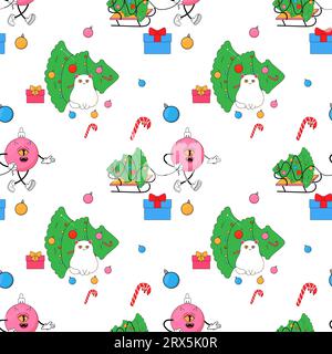 Il gatto e l'albero di Natale, il cactus eco. In stile groovy psichedelico. Motivo senza cuciture su tessuto, carta da rivestimento, biancheria da letto, indumenti. Illustrazione Vettoriale