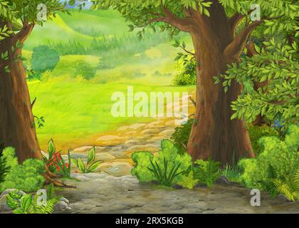 scena estiva con cartoni animati e illustrazione di prati nella foresta per bambini Foto Stock