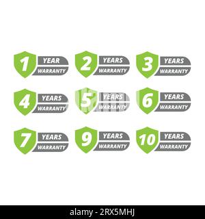 Anno o anni di garanzia set di etichette vettoriali. 1,3,5 etichette di schermatura garantite. Illustrazione Vettoriale