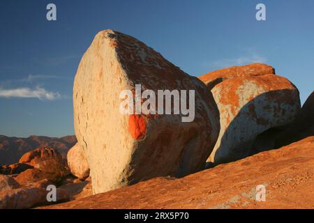 Due delle rocce dipinte da Jean Verame vicino a Tafraoute alla luce della sera, in Marocco Foto Stock