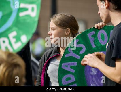 STOCCOLMA, SVEZIA - 22 SETTEMBRE 2023: Dimostrazione di Greta Thunberg e Fridays for Future a Stoccolma, Svezia. Foto Stock