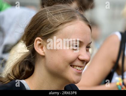 STOCCOLMA, SVEZIA - 22 SETTEMBRE 2023: Dimostrazione di Greta Thunberg e Fridays for Future a Stoccolma, Svezia. Foto Stock