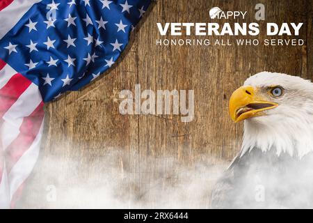 Veterans Day, 11 novembre, bandiera degli stati uniti, con rispetto poster onore e gratitudine, illustrazione vettoriale di design moderno. Foto Stock