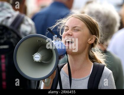 STOCCOLMA, SVEZIA - 22 SETTEMBRE 2023: Dimostrazione di Greta Thunberg e Fridays for Future a Stoccolma, Svezia. Foto Stock