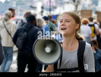 STOCCOLMA, SVEZIA - 22 SETTEMBRE 2023: Dimostrazione di Greta Thunberg e Fridays for Future a Stoccolma, Svezia. Foto Stock