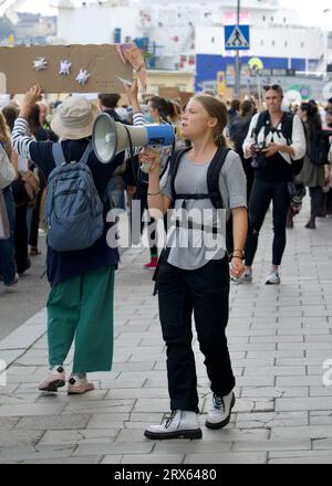 STOCCOLMA, SVEZIA - 22 SETTEMBRE 2023: Dimostrazione di Greta Thunberg e Fridays for Future a Stoccolma, Svezia. Foto Stock