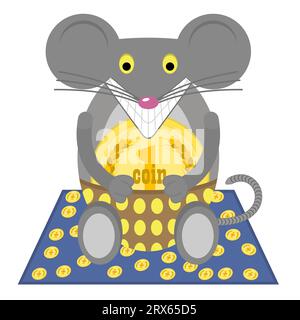Topo con moneta nelle zampe. Divertente mouse felice si siede su un tappeto con monete d'oro sparse. Illustrazione isolata. Personaggio dei cartoni animati in stile piatto. Illustrazione Vettoriale
