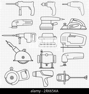 Set di utensili elettrici. Icone trasparenti di diversi utensili elettrici per lavori di carpenteria e costruzione, tra cui seghetto alternativo, martello, sega circolare. Illustrazione Vettoriale