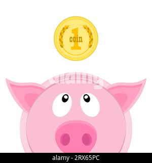 Moneta che cade in un salvadanaio. Il denaro sta cadendo nella scatola dei soldi sotto forma di maialino. Il maialino rosa guarda una moneta gialla. Vista frontale. Illustrazione Vettoriale