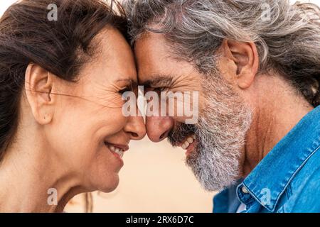 Felice coppia anziana che tocca le fronte in spiaggia Foto Stock