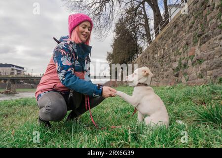 Donna sorridente che indossa un cappello a maglia che stringe la mano con il cane sull'erba in giardino Foto Stock