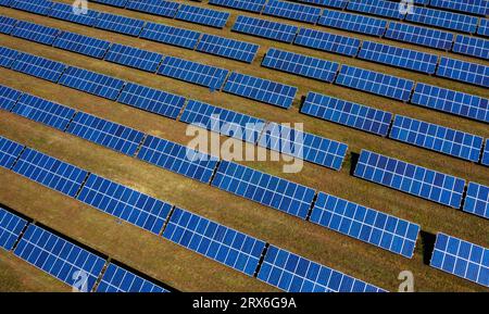 Vista droni dei pannelli della centrale solare Foto Stock