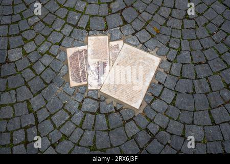 White Rose Memorial - opuscoli della resistenza anti-nazista a Geschwister-Scholl-Platz (piazza dei fratelli Scholl) - Monaco, Baviera, Germania Foto Stock