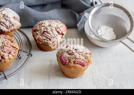 Shot di muffin al rabarbaro con zucchero in polvere Foto Stock