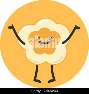 Simpatico personaggio popcorn dei cartoni animati su sfondo giallo. Felice baby popcorn sta sorridendo. Piatto. Illustrazione vettoriale Illustrazione Vettoriale