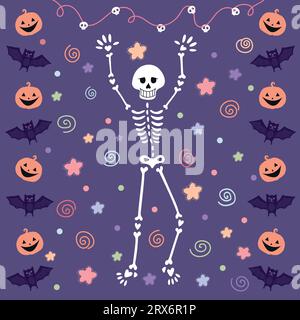 Biglietto d'auguri di Halloween con scheletro da ballo, pipistrelli e zucche. Illustrazione vettoriale disegnata a mano Illustrazione Vettoriale