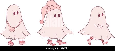 Tre piccoli fantasmi in abiti diversi. Fantasmi disegnati a mano isolati su sfondo bianco. Illustrazione vettoriale di Halloween Illustrazione Vettoriale